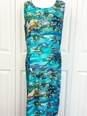Vintage Dressing Clio Blue Underwater Seashell Reef Print Midi Dress Large